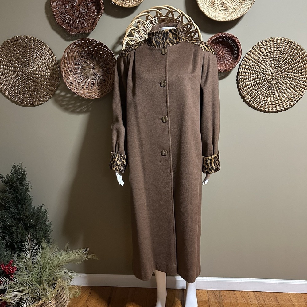 Vintage Brown Wool Long Trench‎ Coat Cheetah Print Faux Fur Trim Lined Mob Wife